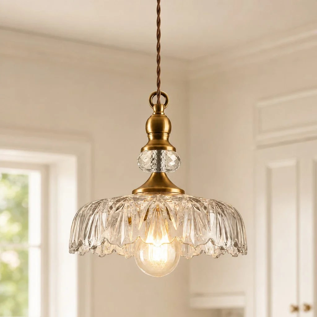 Carved Glass Flower Pendant Light - Brass / 9.64″ D x 7″ H