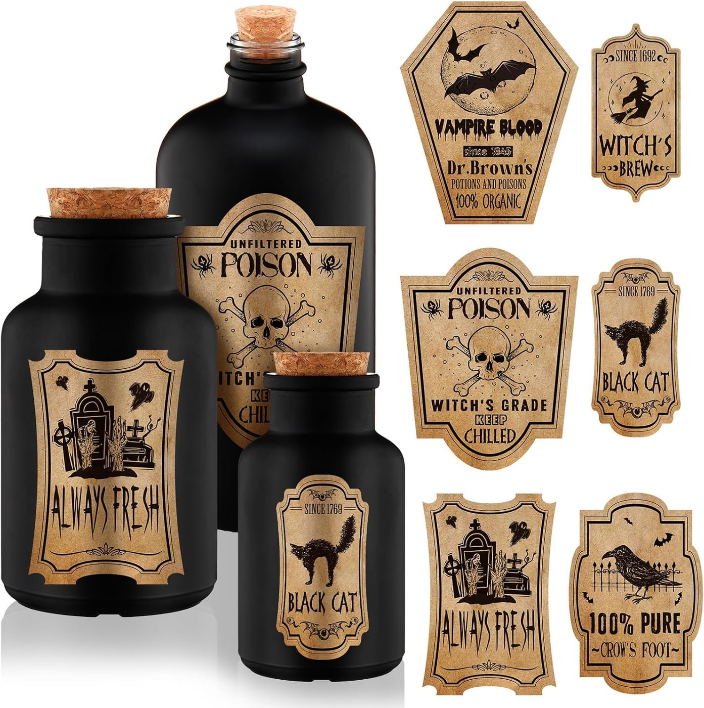 Vintage Glass Potion Bottle Set with Halloween Labels - Photo 2
