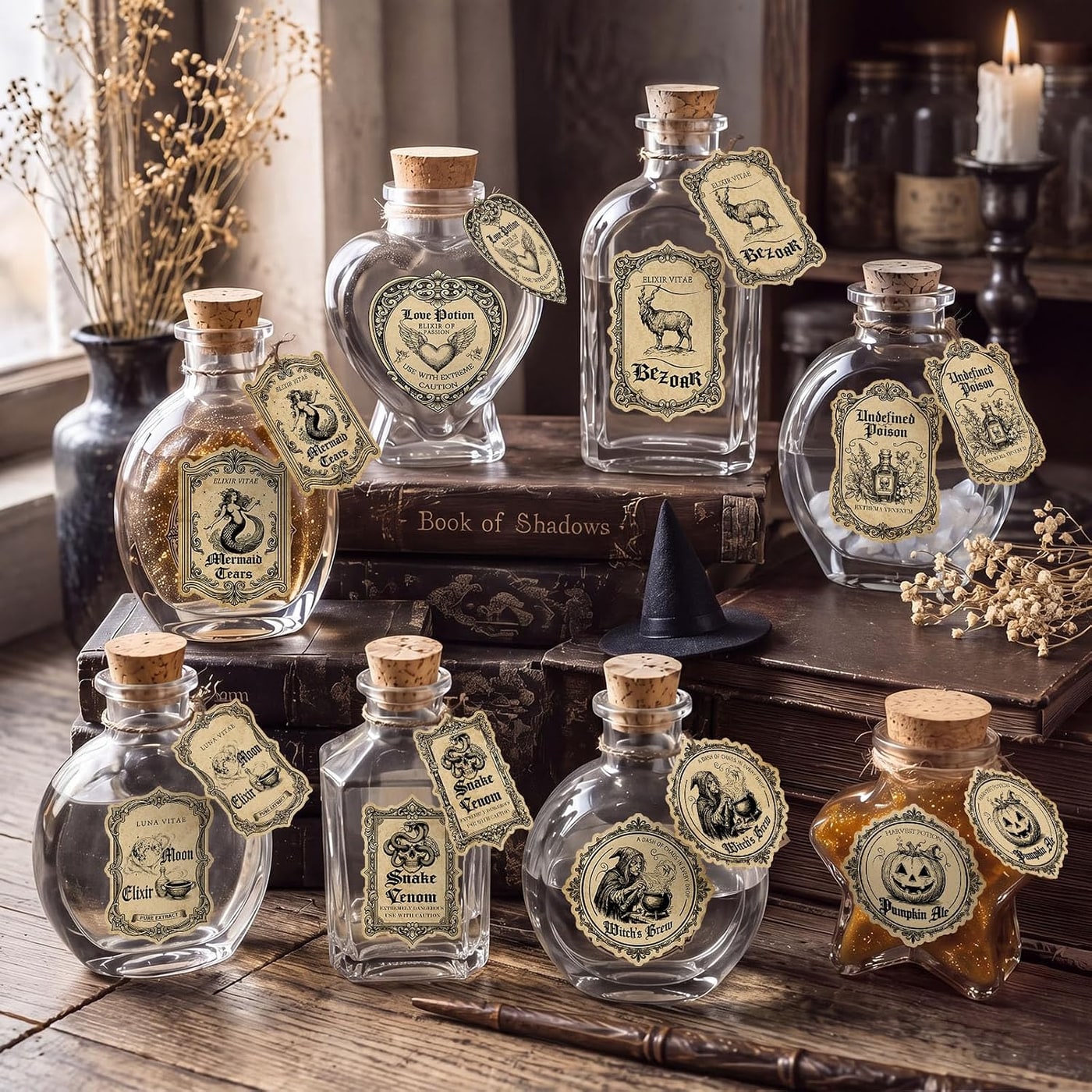 Vintage Glass Potion Bottle Set with Halloween Labels - Photo 3