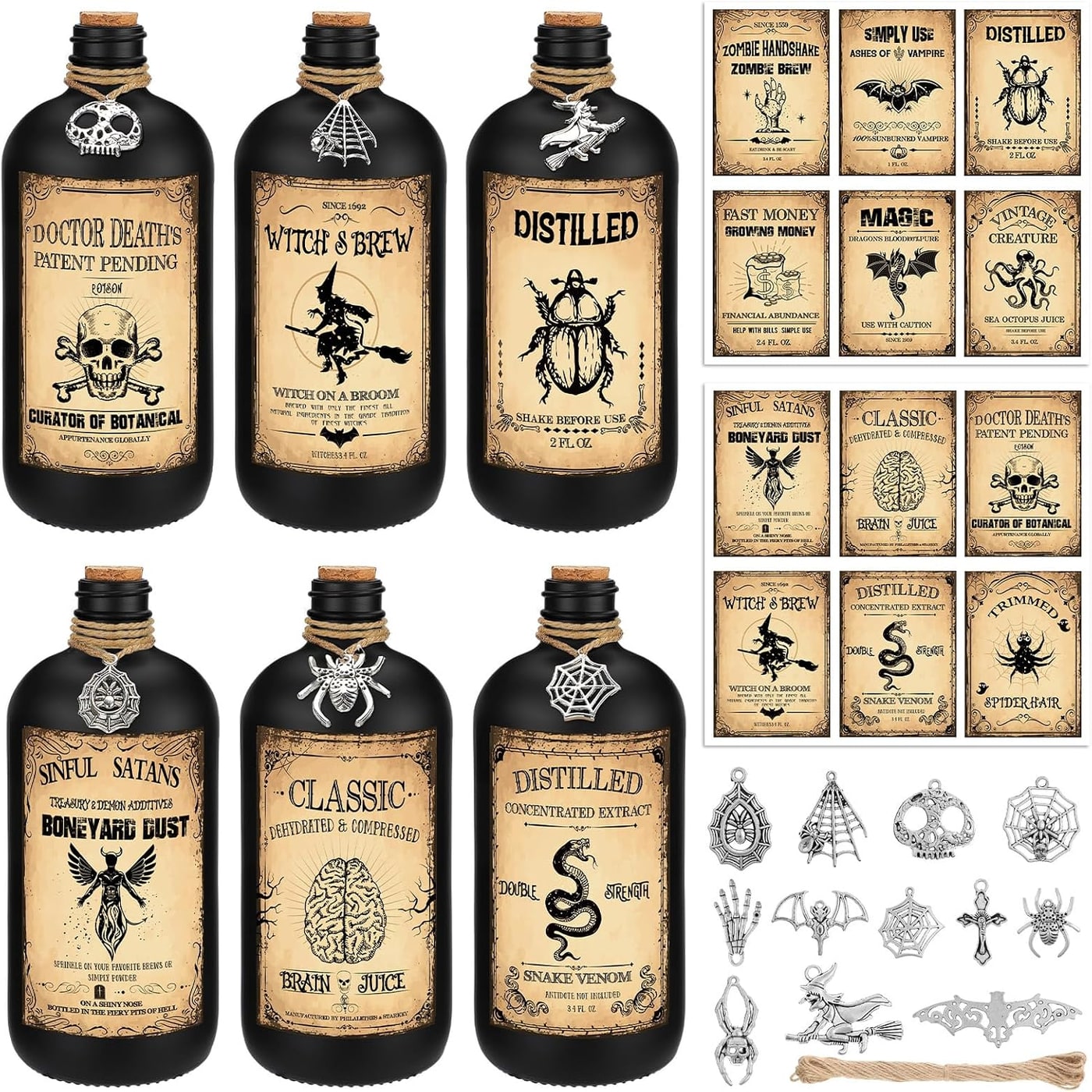 Vintage Glass Potion Bottle Set with Halloween Labels - Photo 4