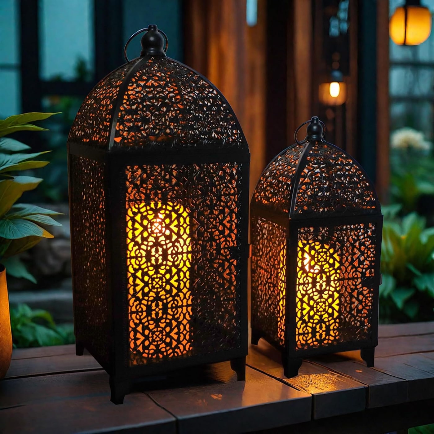 Set of 2 Vintage Hollow Metal Candle Lanterns - Photo 2