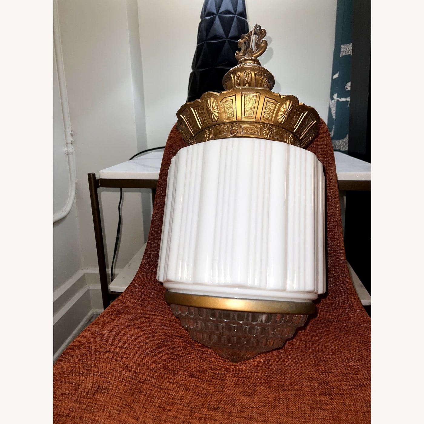1930s Milk Glass & Brass Pendant Chandelier - Photo 4