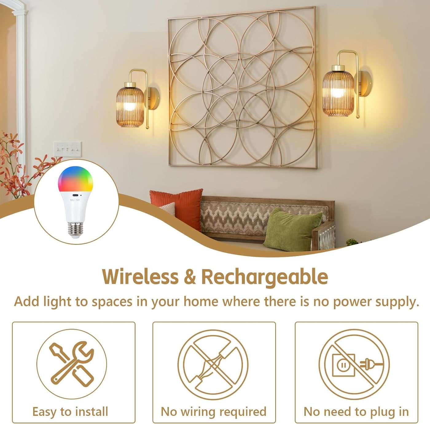 Vintage Rechargeable Wireless Wall Sconces, Set of 2 - Photo 2