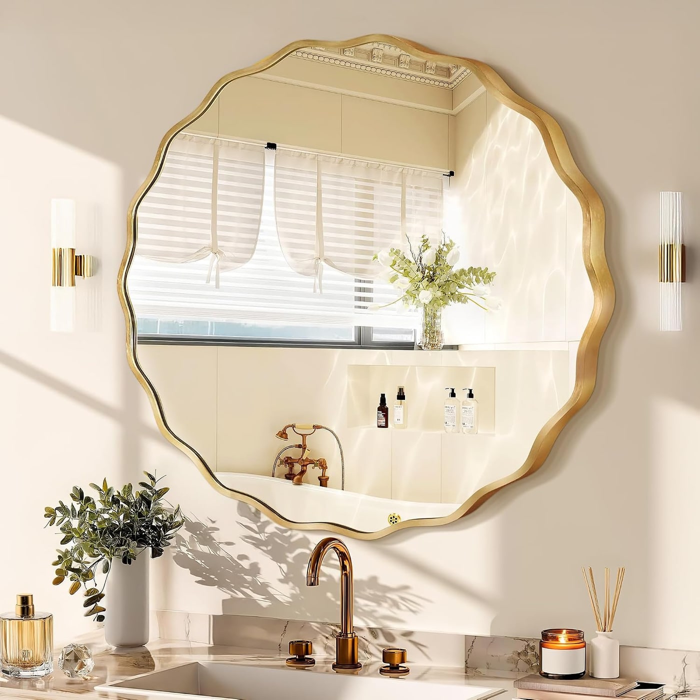 Scalloped round wall mirror with a wavy brushed alloy steel frame in gold finish, mounted on a neutral wall
