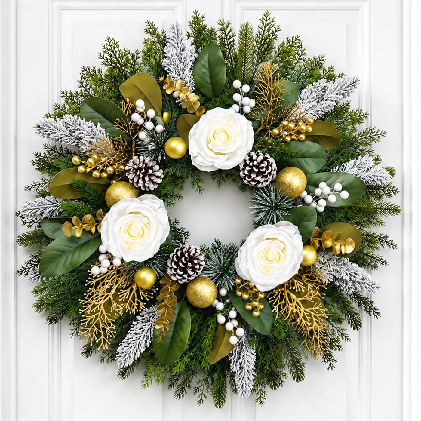 28-Inch White & Gold Winter Christmas Wreath - White & Gold