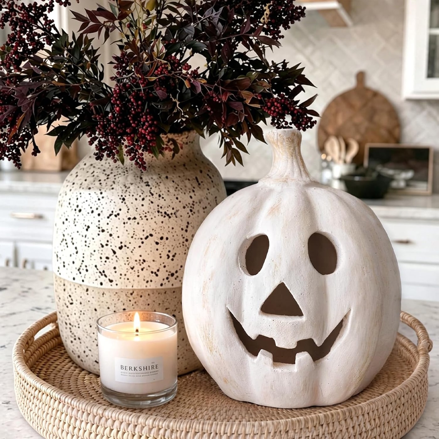 Handmade White Terracotta Jack-o'-Lantern Pumpkin - Photo 4