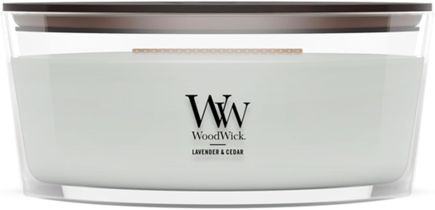 WoodWick Ellipse Hearthwick Crackle Candle in a wide curved glass jar with visible wooden wick