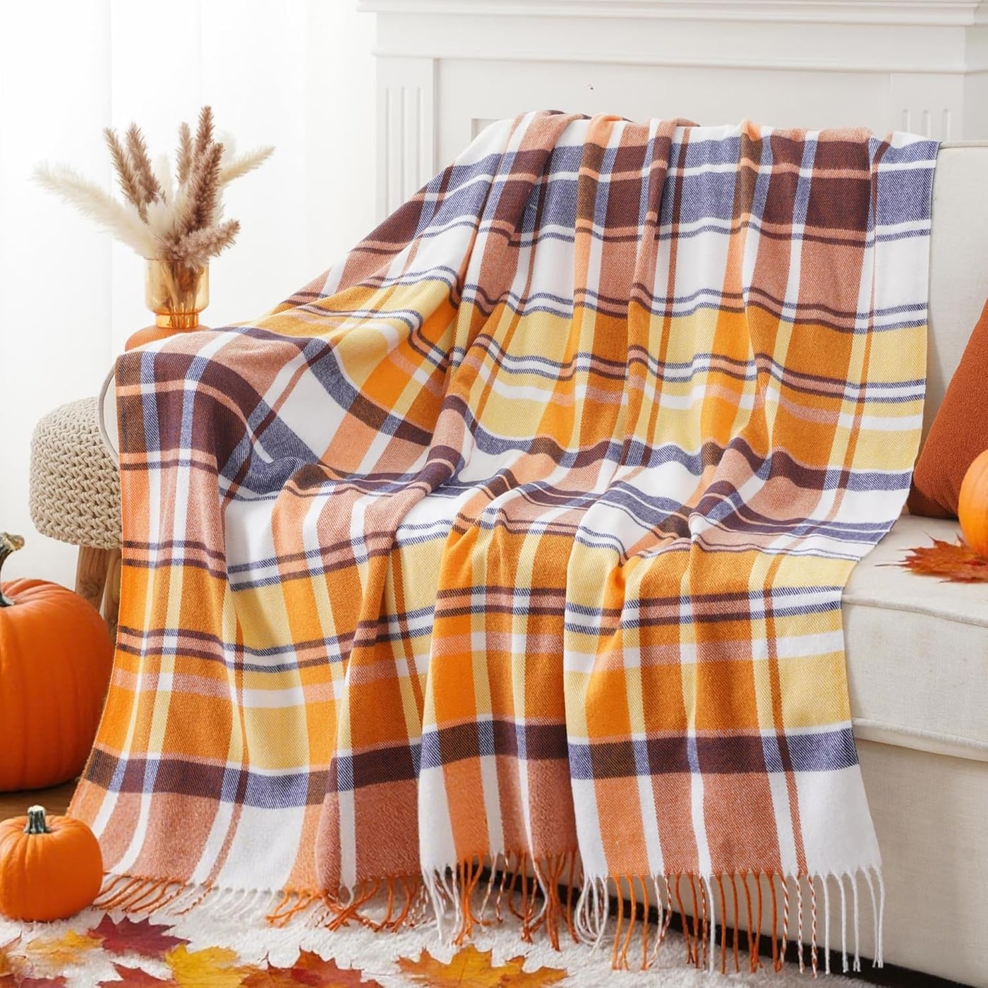 Woven Buffalo Check Plaid Throw with Tassels - Harvest Rust Plaid