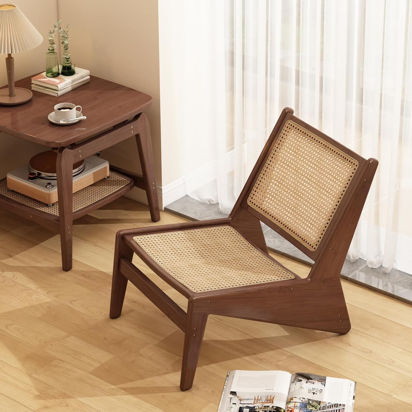 Compact woven rattan accent chair with a warm bamboo frame, shown in natural wood color
