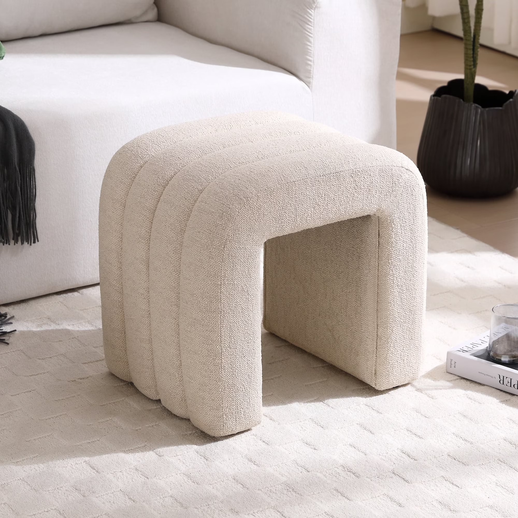 Modern Channel Tufted Velvet Ottoman - Beige Linen
