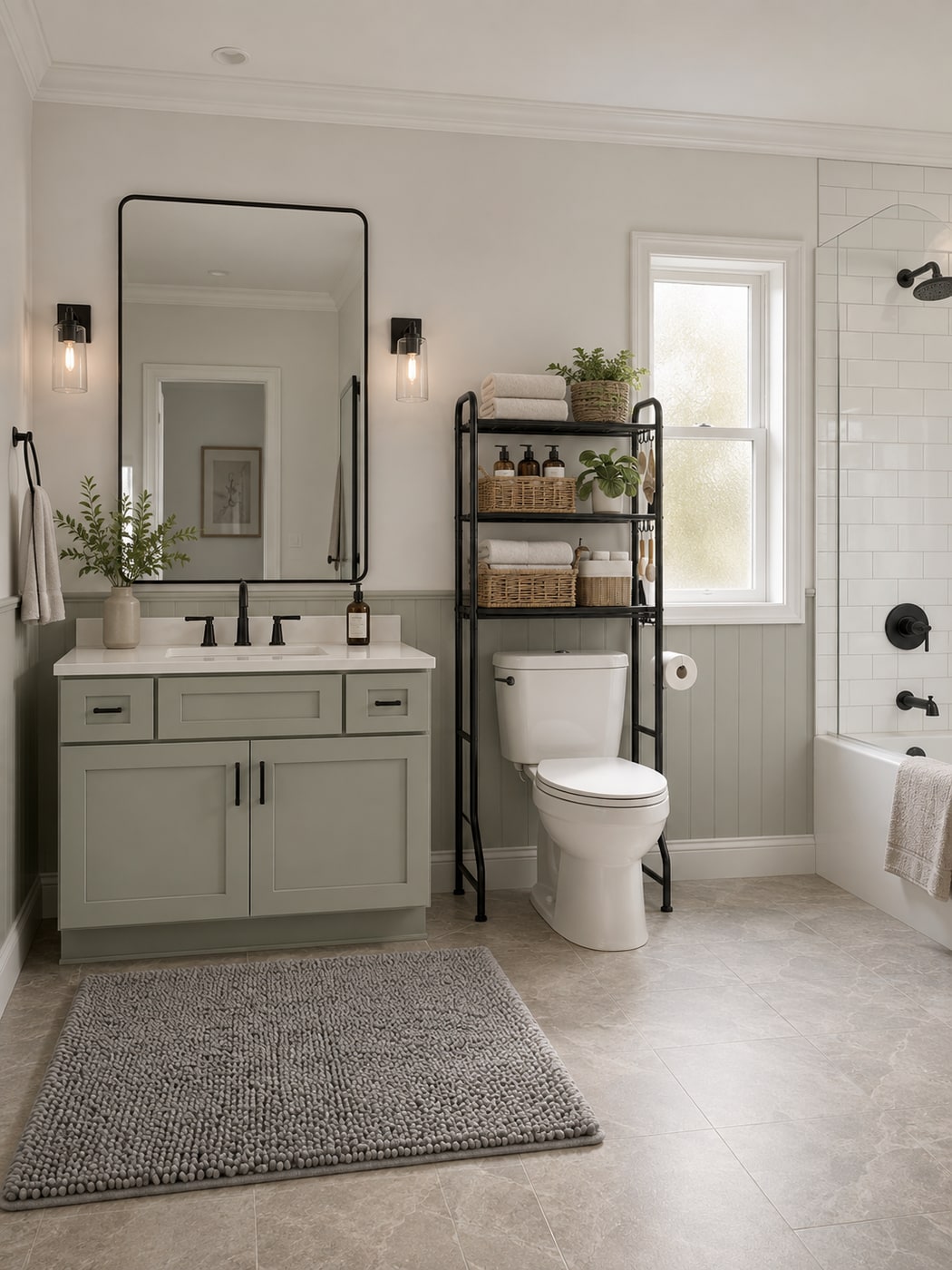 Modern farmhouse bathroom with muted sage shaker vanity, white marble countertop, black hardware, industrial black over-toilet rack, and plush gray chenille bath rug.