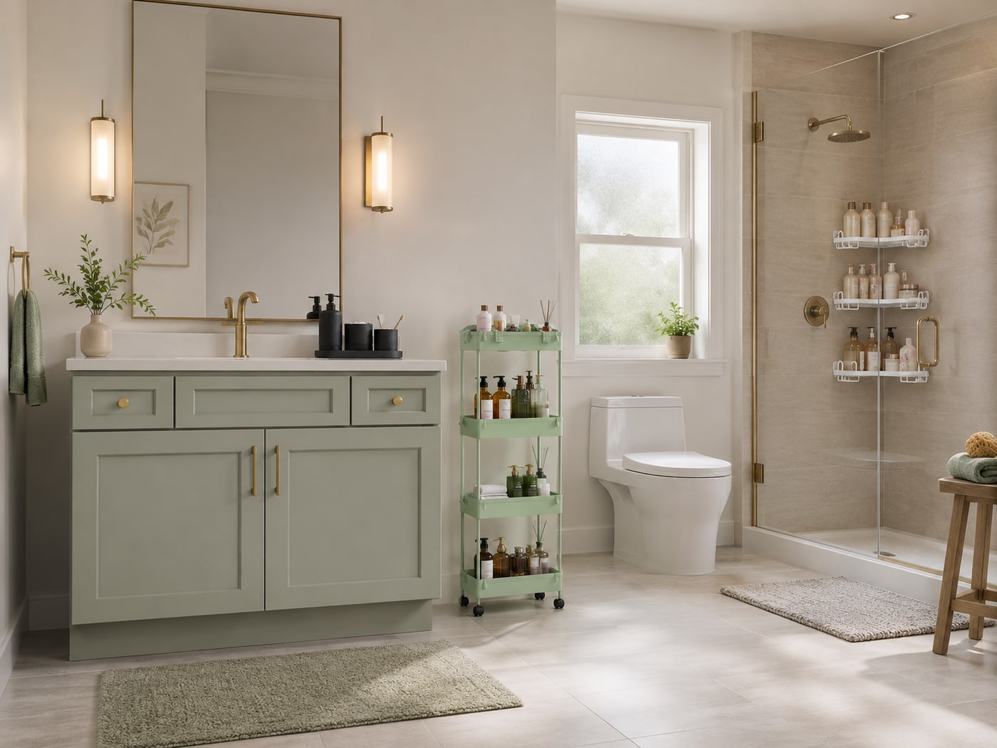 A Calm Modern Soft Farmhouse Bathroom with Sage Green Calm