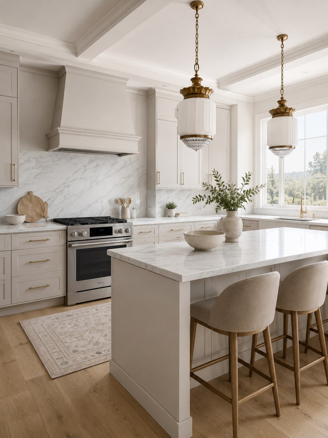 A serene kitchen with light gray cabinets, round brushed brass handles, marble-effect countertops and backsplash, a stainless steel range, and vintage milk glass chandeliers hanging over the island.
