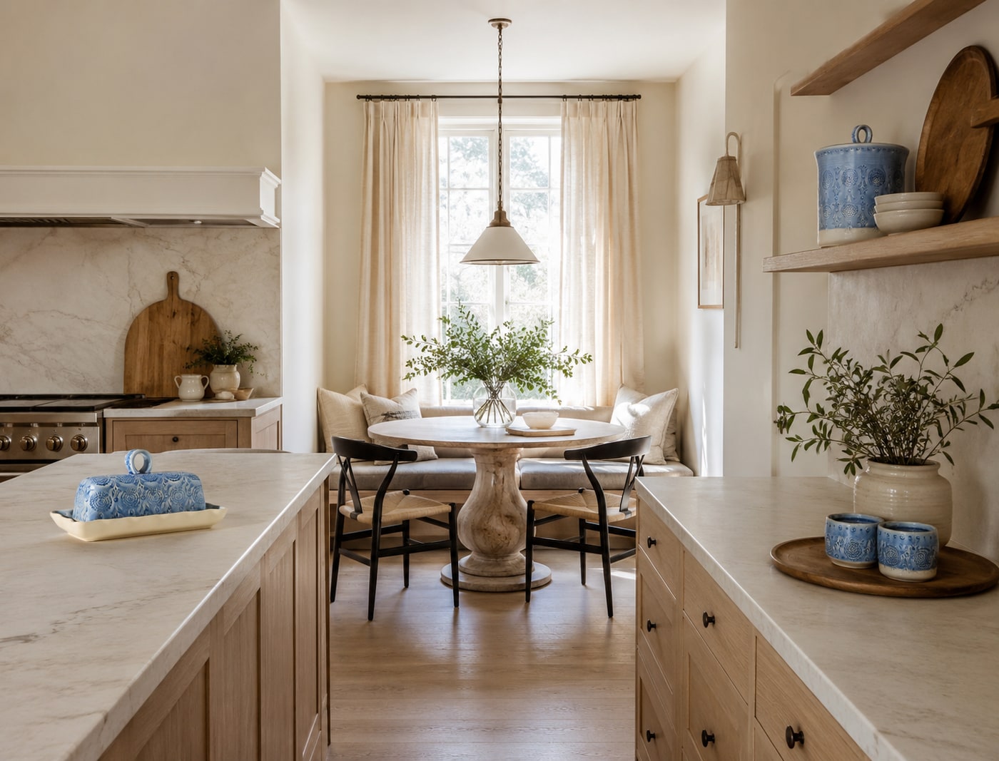 A Collected Organic Japandi Kitchen with Wedgewood Blue Stoneware