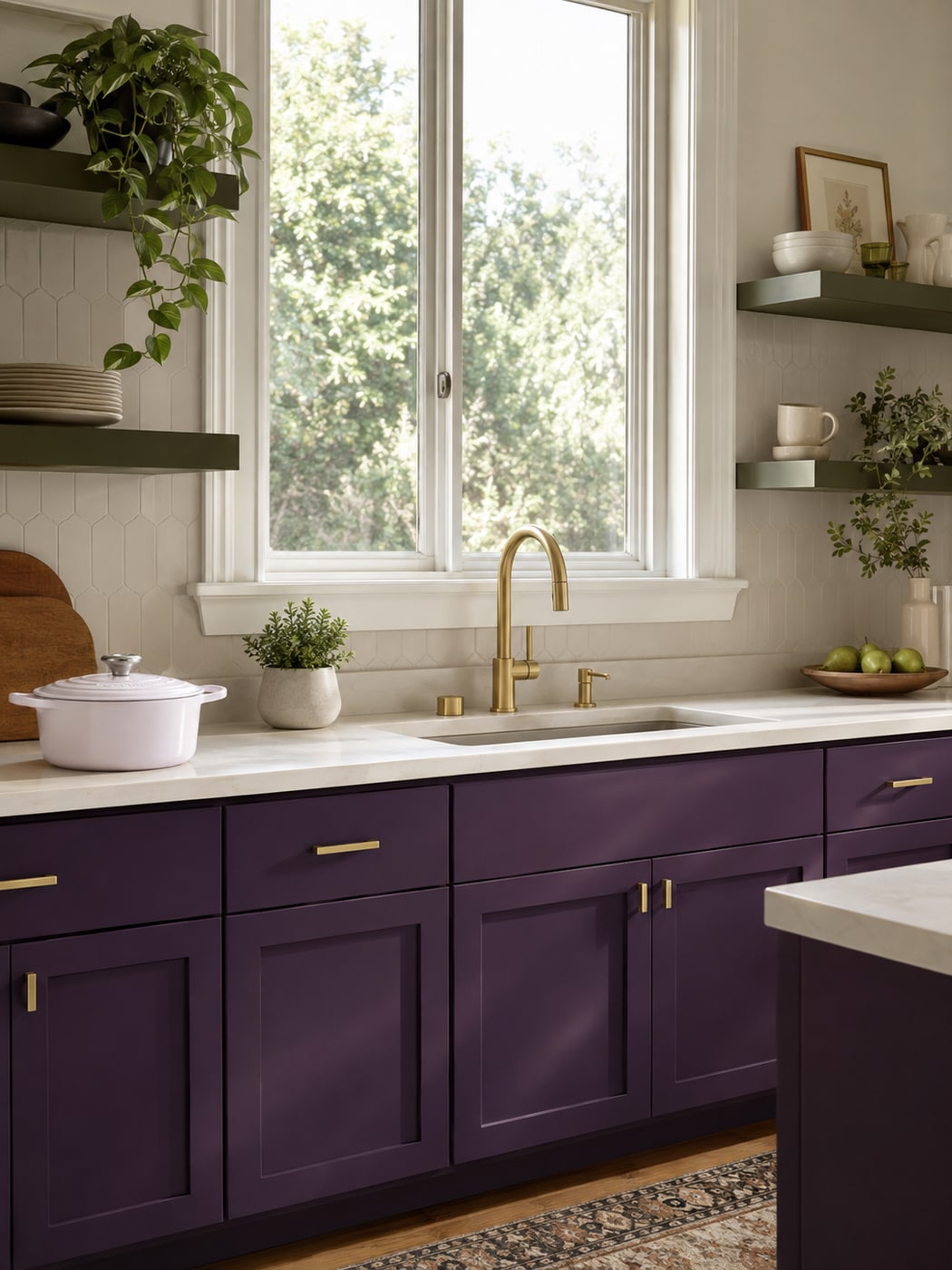A Contemporary Warm Elegance Kitchen with Deep Purple Cabinets