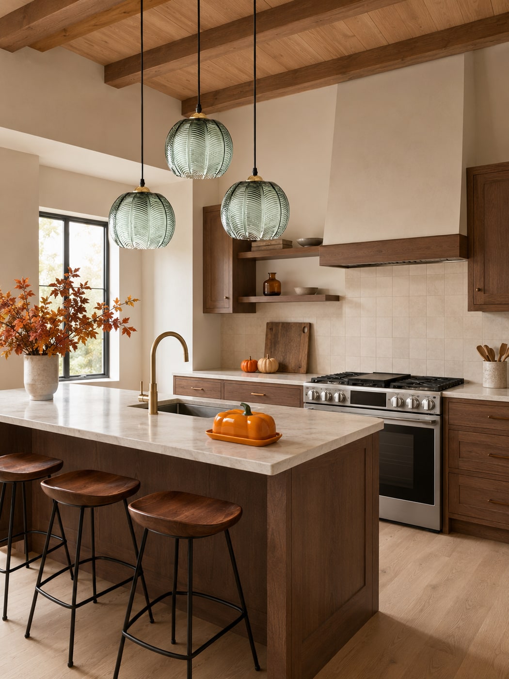 A kitchen with warm walnut stools, burnt orange accents, ribbed glass pendant lights, and a pumpkin-shaped dish on a marble island