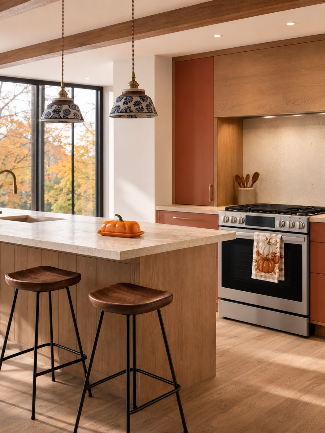 Cozy fall kitchen with wood cabinets, burnt orange accents, vintage pendant lights, and buffalo plaid pumpkin towels