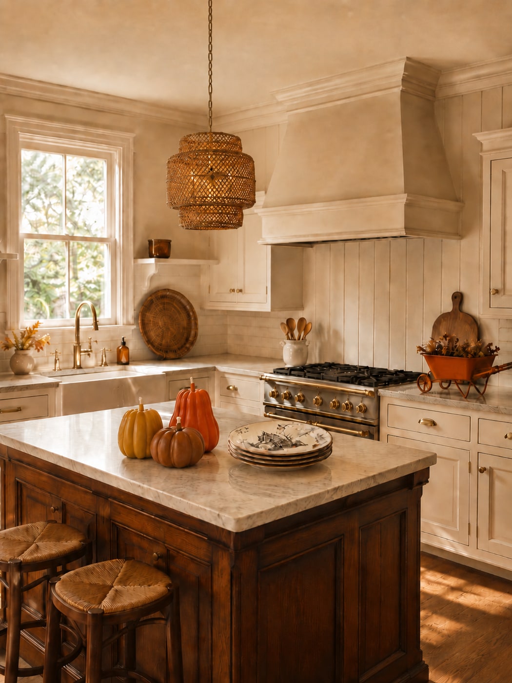 A warm fall kitchen featuring wood cabinetry, a marble island, rattan pendant light, autumn candles, and playful orange decor accents.