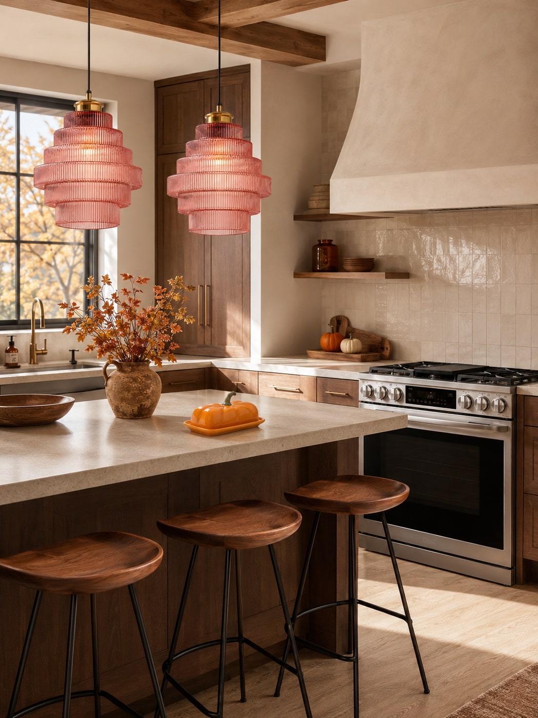 A Cozy Fall Kitchen with Warm Wood and Burnt Orange Accents