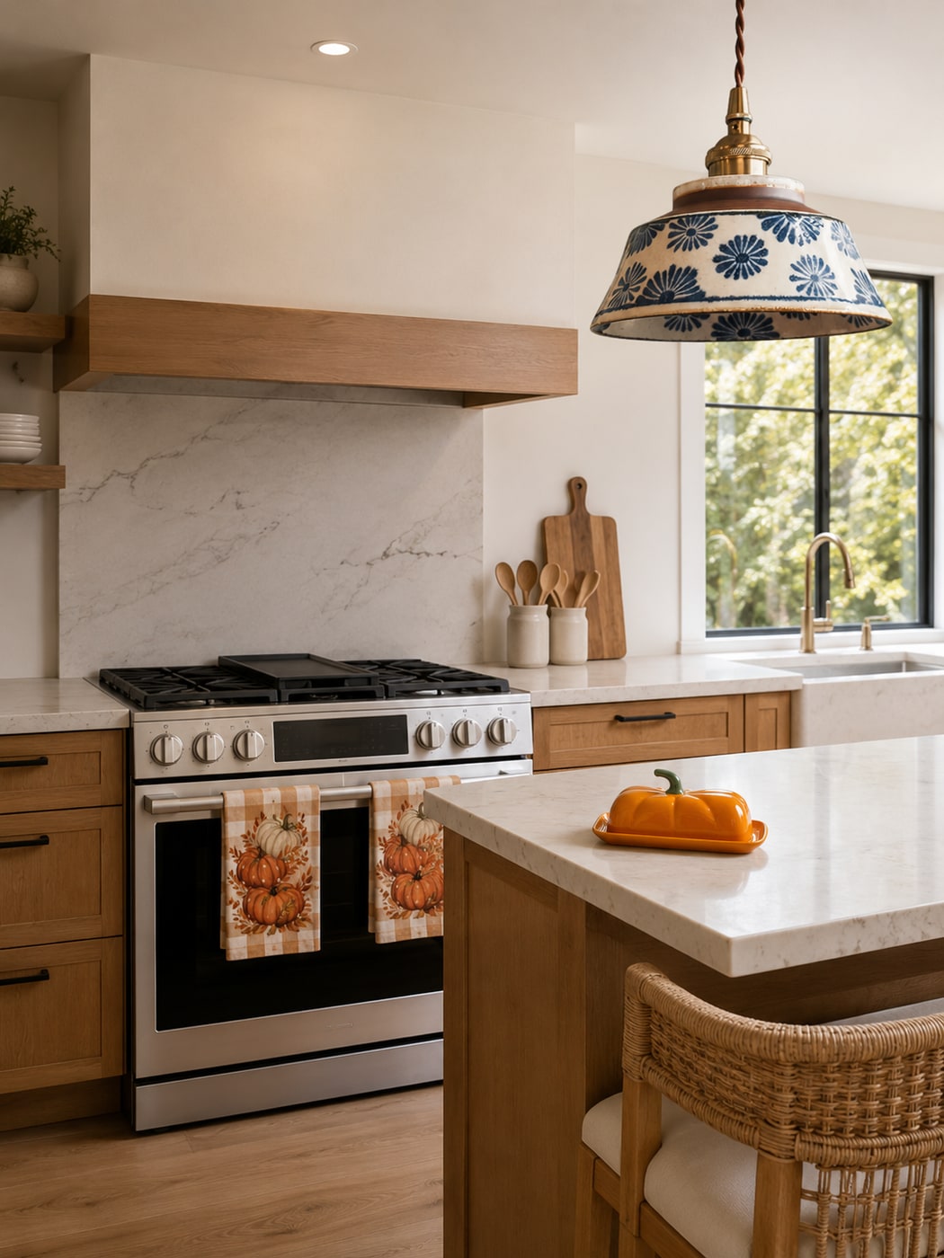 Warm wood kitchen cabinets with creamy quartz counters, stainless steel range, and fall-themed pumpkin and plaid kitchen decor accents