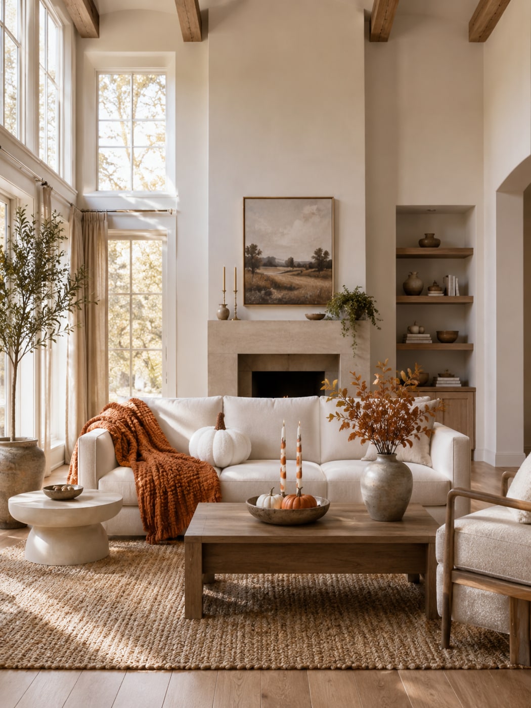 Inviting living room with a cream linen sofa, rust-colored throw blanket, white pumpkin-shaped pillows, beige faux marble end table, and rustic fall accents on the coffee table