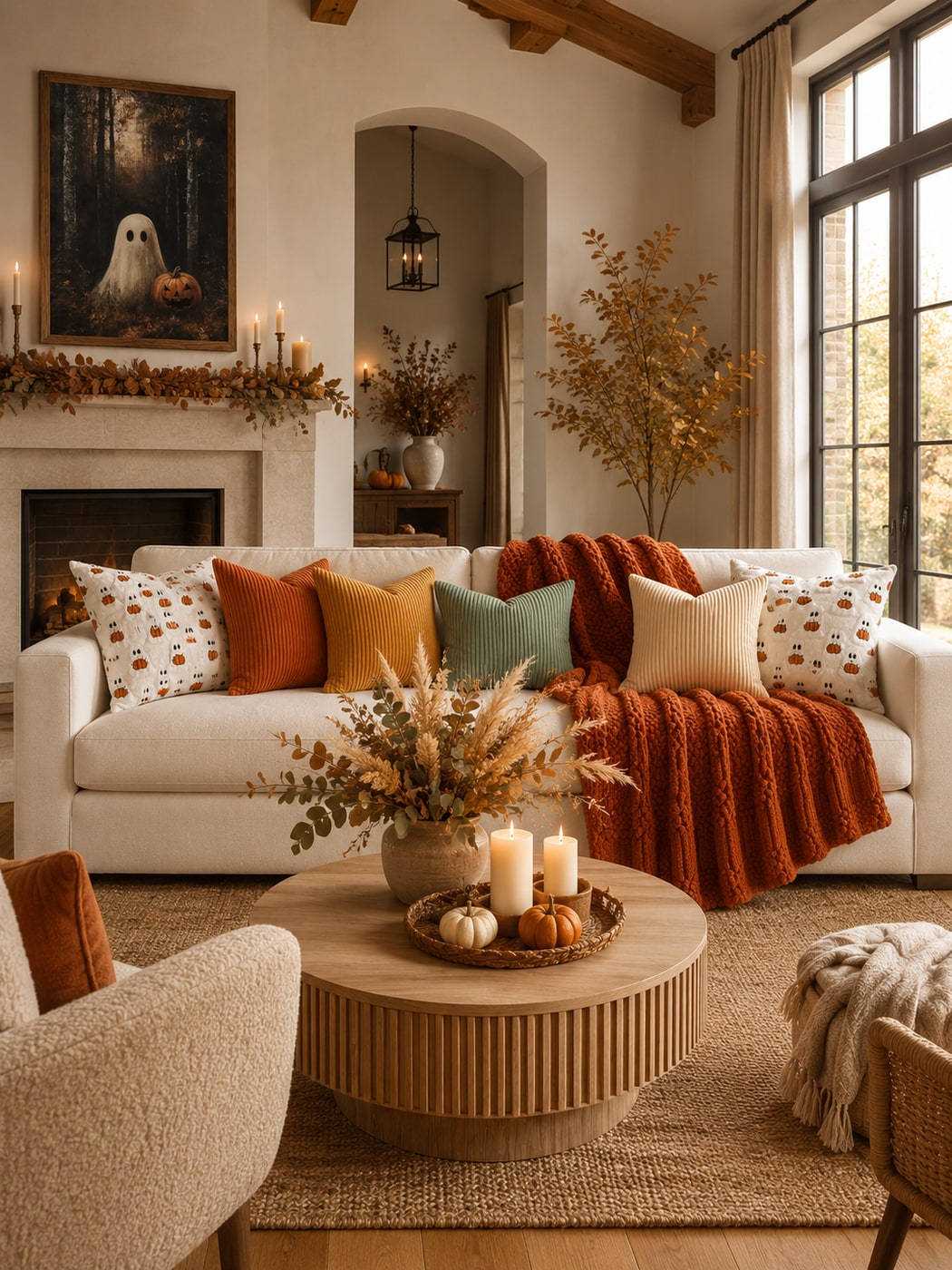 A fall living room with a cream chenille sofa, rust and ochre pillows, a fluted wood coffee table, and cozy textured accents.