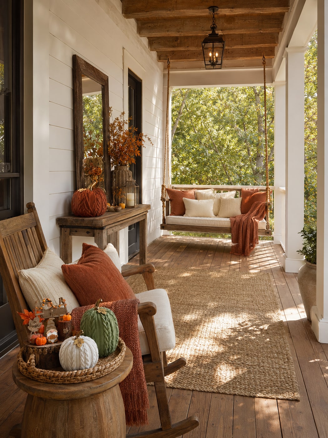 Front porch with a swinging bench decorated with burnt orange and cream cushions, cable-knit pumpkins, wooden fall accents, and a woven jute rug.