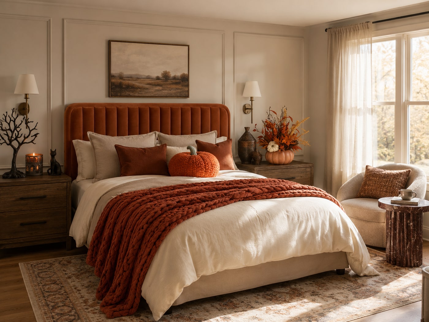 Warm bedroom with rust velvet headboard, layered linens, red knit throw, terra cotta florals, marble side table, and bronze cat sculpture