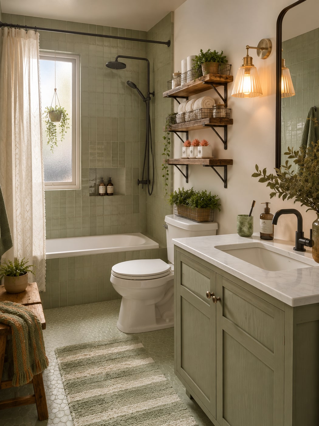 Modern farmhouse bathroom featuring sage green tiles, rustic brown floating shelf with wire baskets, and a striped chenille bath rug