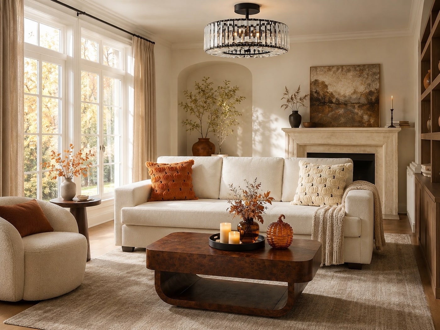 Inviting modern living room styled for fall with a cream chenille sofa, burl wood coffee table accented with candles, pumpkin decor, plush embroidered pillows, sheer linen curtains, and a crystal chandelier trimmed in copper
