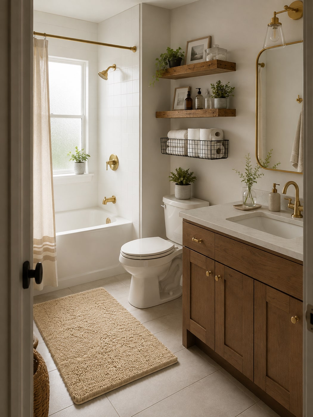 Cozy modern rustic farmhouse bathroom with wood floating shelves, gold accent cabinet pulls, and a soft beige bath rug