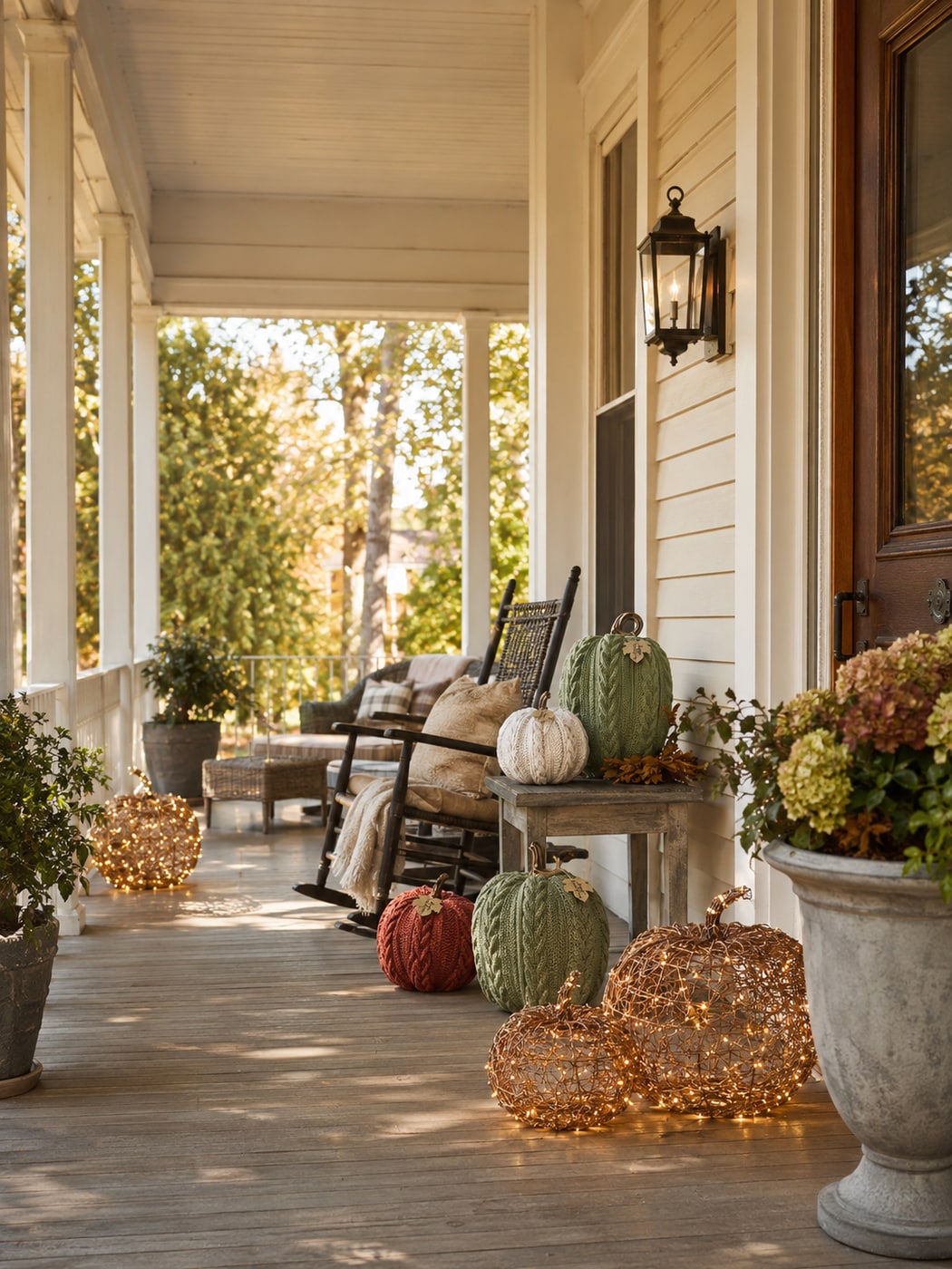 Front porch decorated for fall with knit pumpkins, a rattan LED pumpkin, a weathered wood table, and rocking chairs with cozy pillows on a natural wood floor.