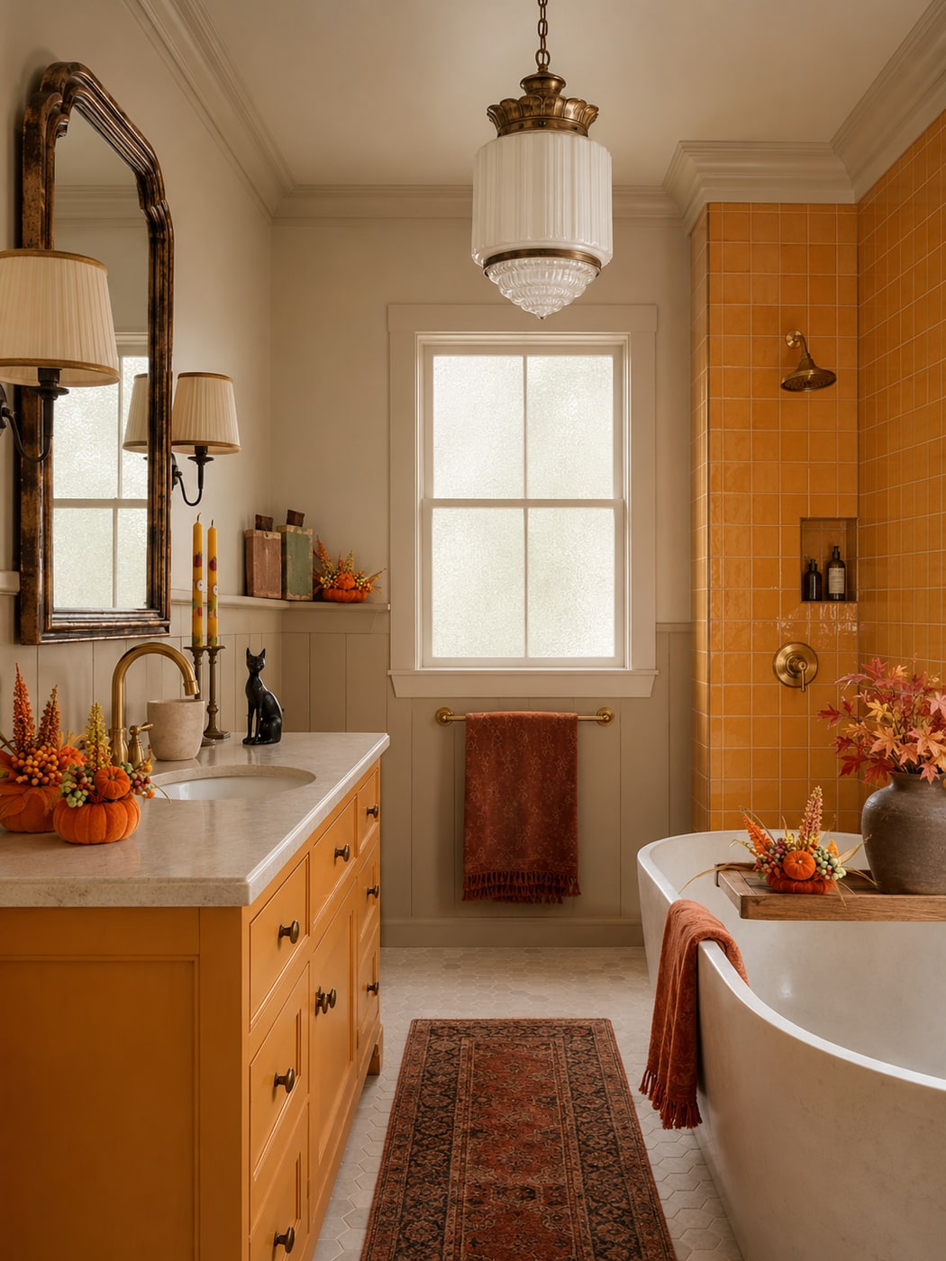 A Cozy Vintage Harvest Bathroom with Warm Autumn Charm