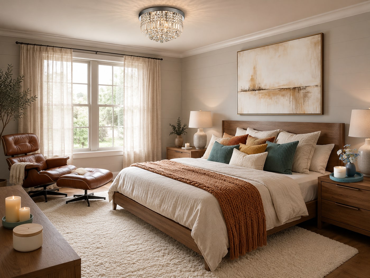 Warm modern farmhouse bedroom with earthy-toned pillows, a walnut nightstand, ocean blue decorative tray, leather lounge chair, and soft lighting