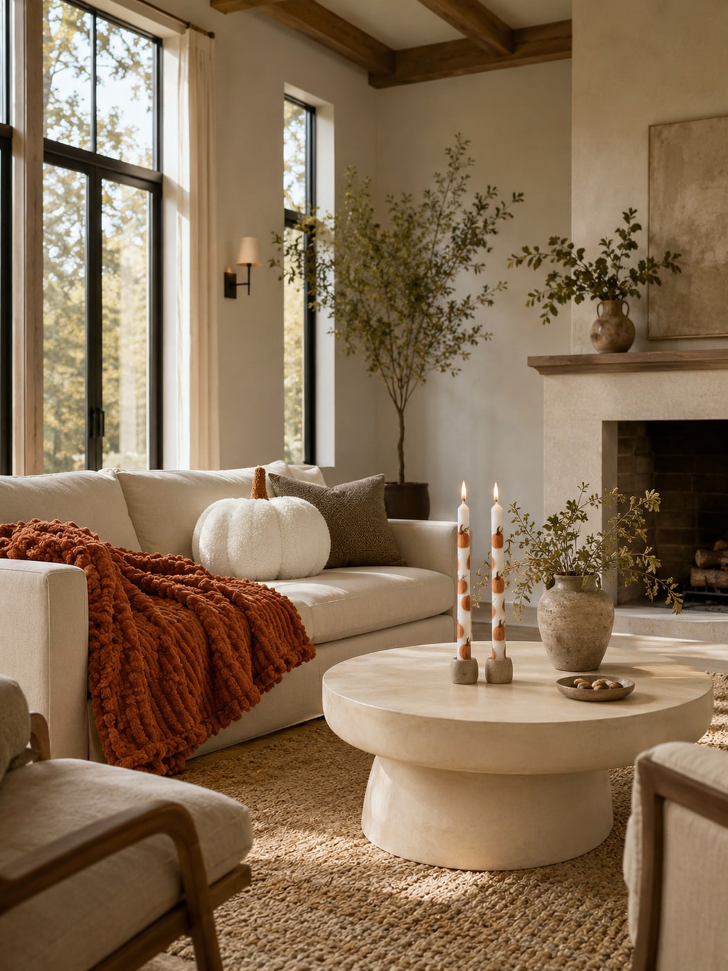 Warm farmhouse living room with rust throw blanket, white pumpkin pillows, faux marble end table, and fall greenery