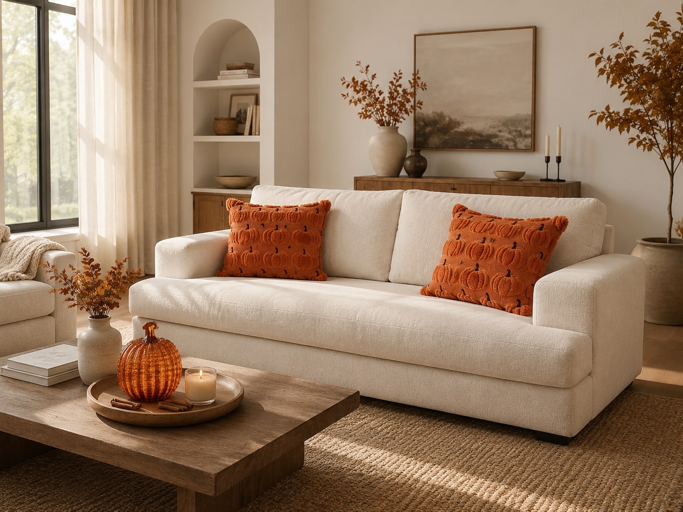 A cozy living room with a cream textured sofa, caramel embroidered pumpkin pillows, warm wood furniture, a burnt orange candle, and subtle fall foliage accents.