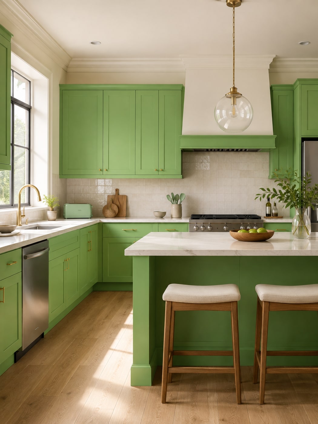 A Fresh Modern Transitional Kitchen with Green Cabinets