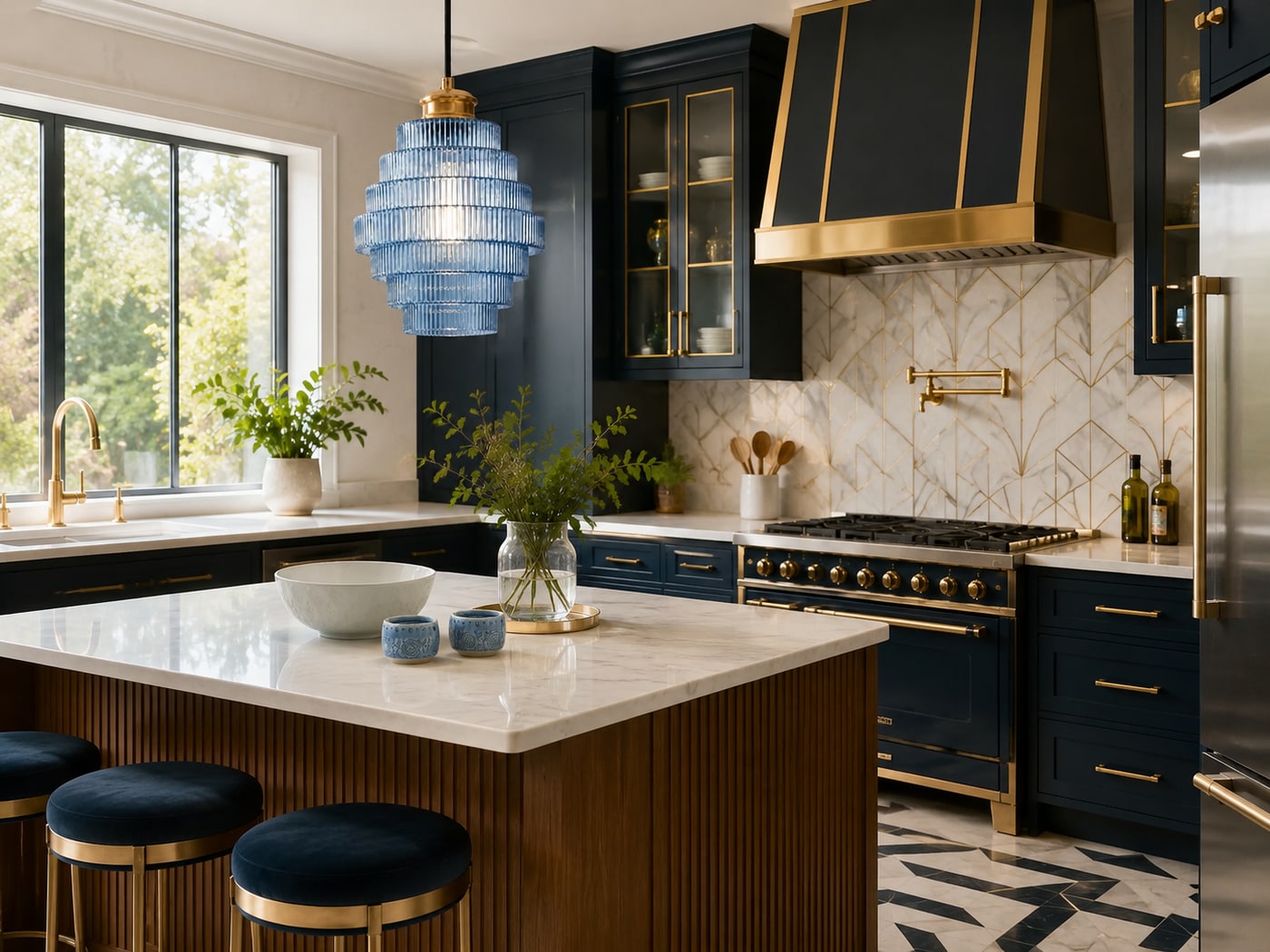 A Glamorous Neo Deco Kitchen in Navy and Brass