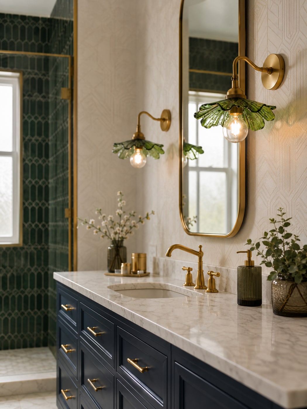 Bathroom with emerald green tiles, navy cabinetry, brushed gold hardware, and antique brass sconces with green glass shades