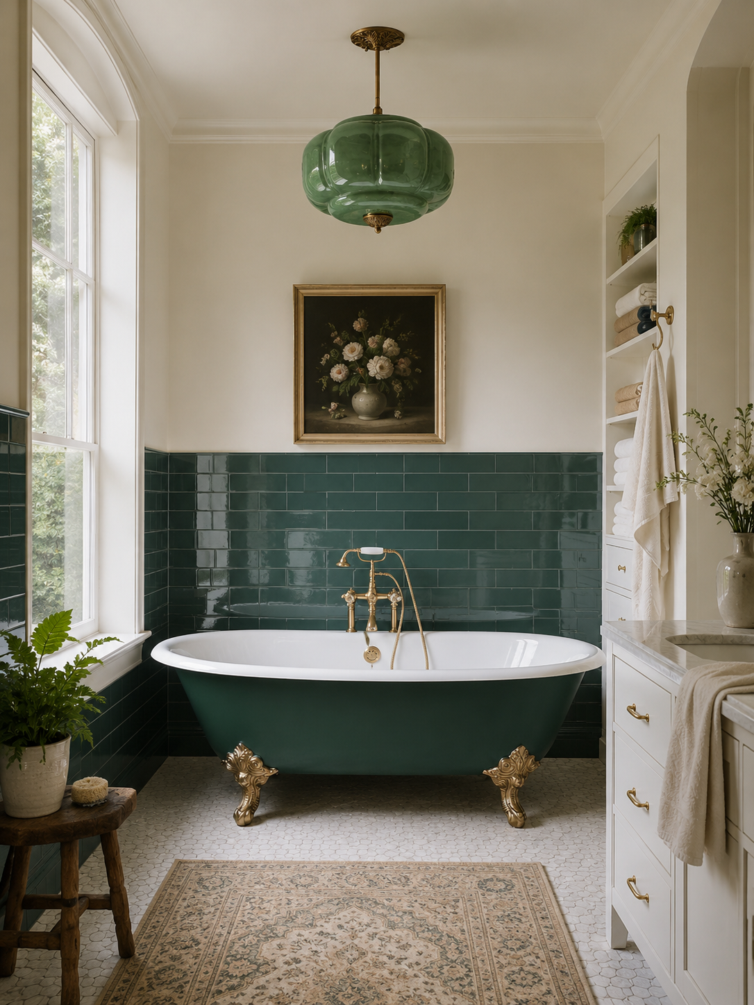 Neo Deco bathroom with glossy green subway tiles, a heritage green clawfoot tub, white hexagon floor tiles, brass accents, and a vintage-inspired cream and moss rug.