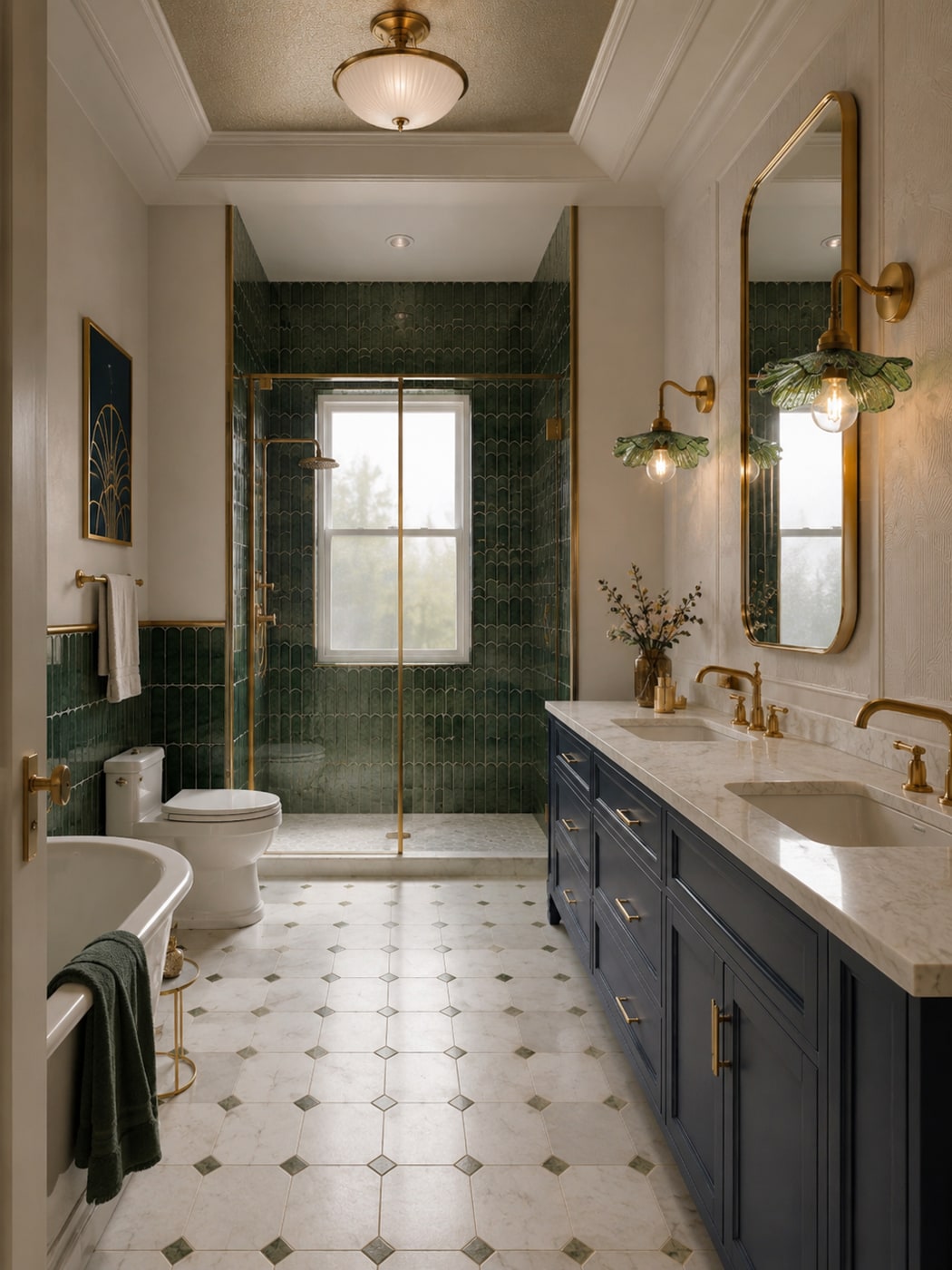 A luxurious bathroom with emerald green scalloped wall tiles, brushed gold hardware, navy vanity, and vintage brass sconces with green flower-shaped glass shades