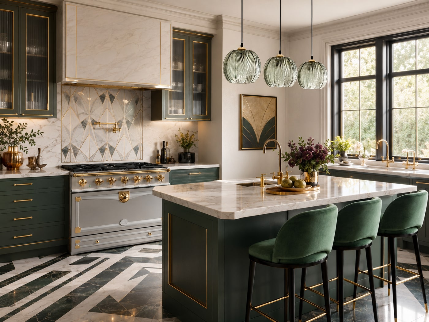 Forest green and brass neo deco kitchen with a marble island, ribbed green glass pendant lights, velvet barstools, and geometric tile details