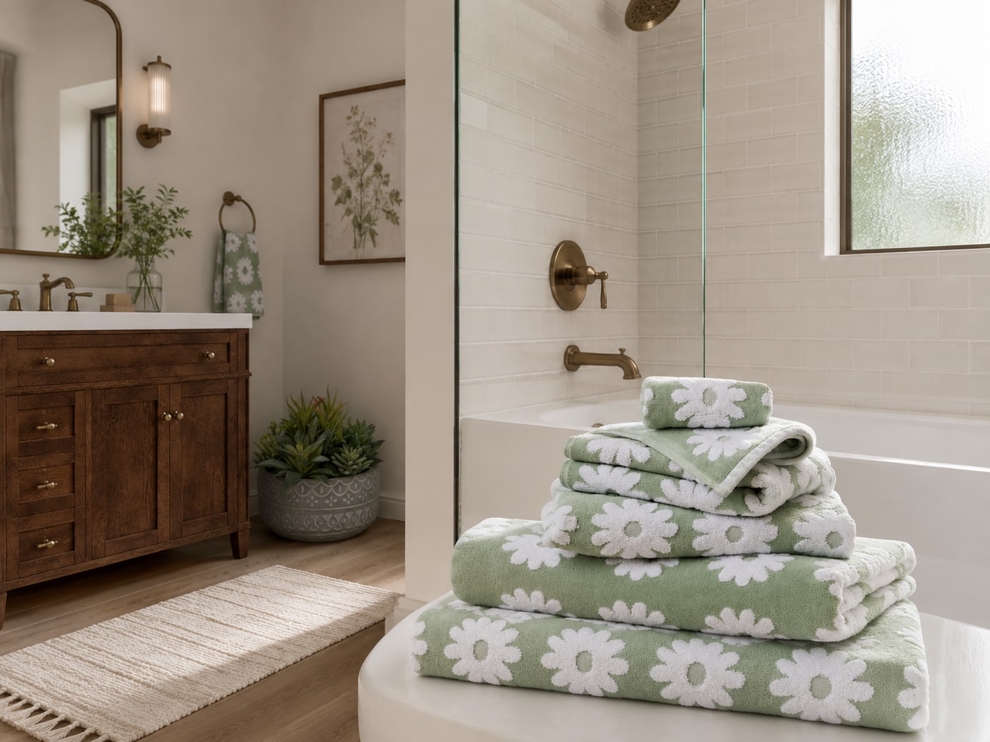A Modern Botanical Transitional Bathroom with Warm Wood and Green Textiles