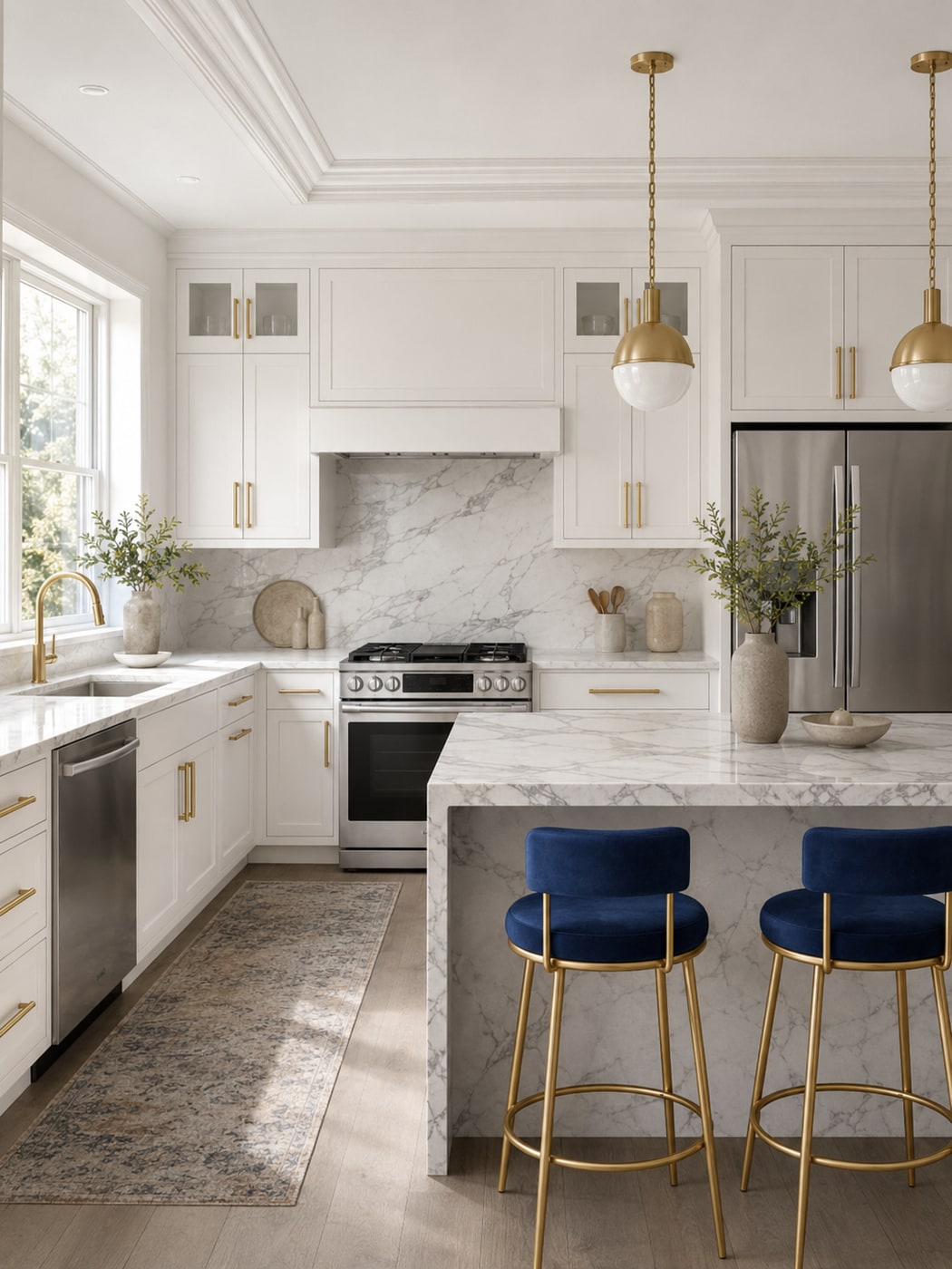 Marble and brass kitchen featuring blue velvet counter stools, LG stainless appliances, and greenery accents
