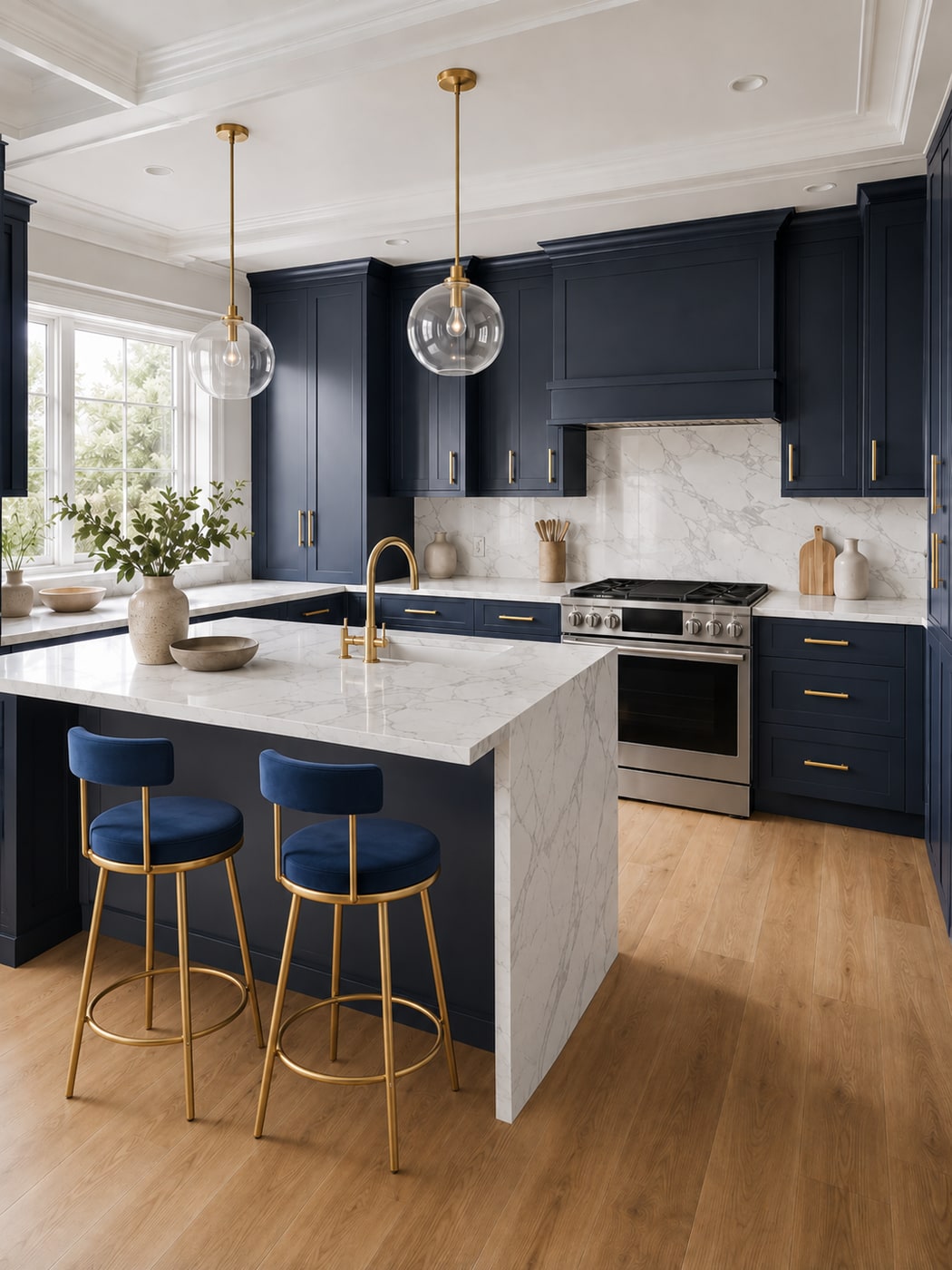 Modern kitchen with navy cabinets, gold velvet stools, marble surfaces, and wood floors