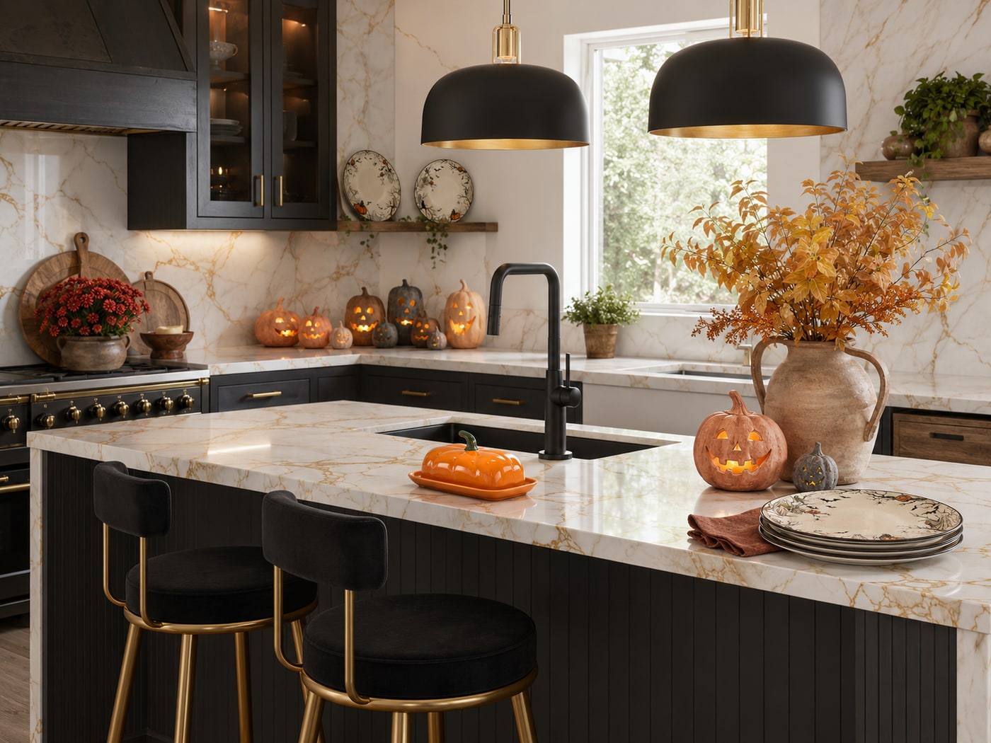 A Modern Luxe Autumn Kitchen with Warm Brass and Terracotta
