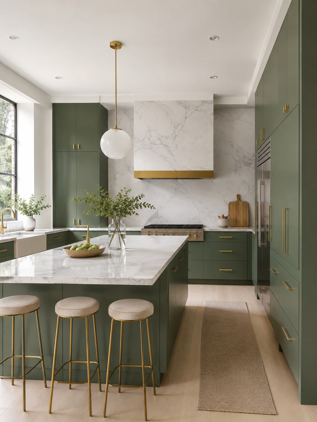 Modern minimal kitchen with matte olive green cabinets, white and grey marble countertop, brass hardware, and light wood flooring