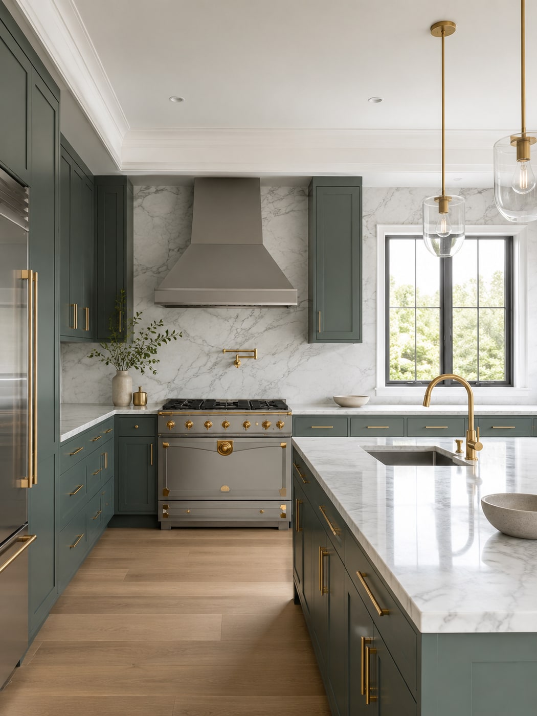 Minimal kitchen with muted green cabinets, brushed brass pulls, white and gray marble countertops, stainless steel range, and light wood floors.