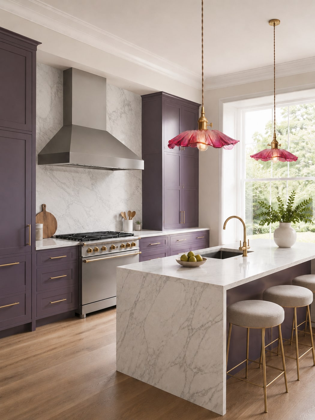 Minimalist kitchen with deep plum cabinets, gray-white marble counters and backsplash, brass cabinet pulls, and purple fluted glass pendant lights.