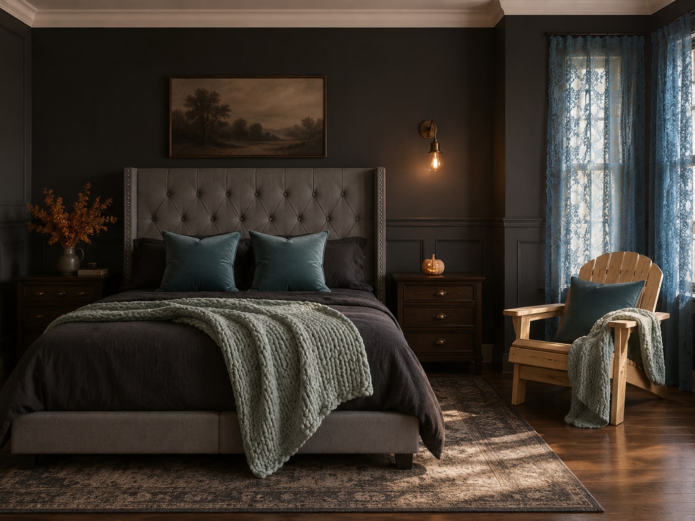 Moody bedroom with charcoal walls, pale wingback bed, vintage lace curtains, aqua and mint pillows, and a glowing terracotta Jack-O'-Lantern.